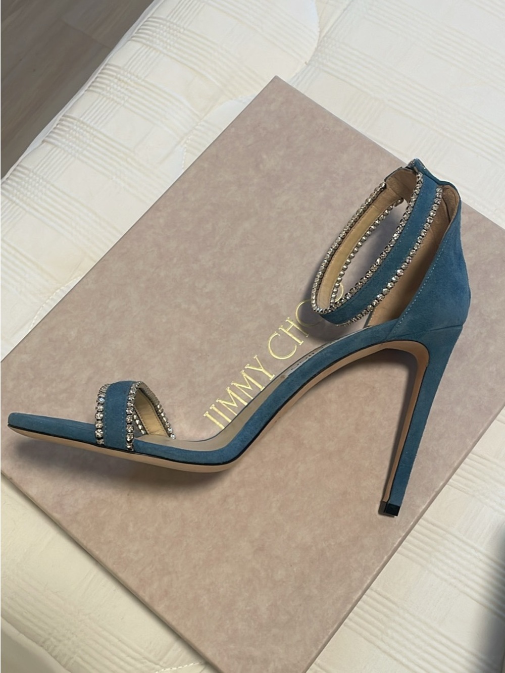 Jimmy Choo Teal Suede Crystal-Ankle Stiletto Sandals